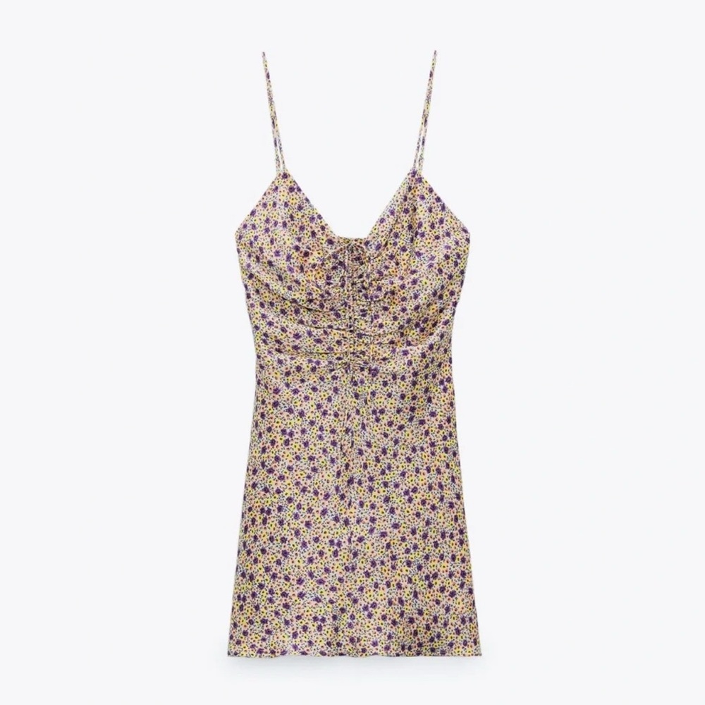 Zara Purple and Yellow Floral Satin Mini Dress with adjustable straps, Small